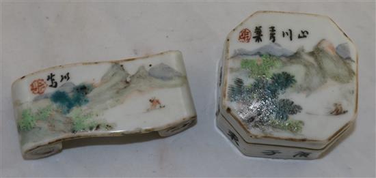 A Chinese enamelled porcelain brush rest and a similar box and cover, c.1885-1910, width 8.5 and 6cm, gilt worn